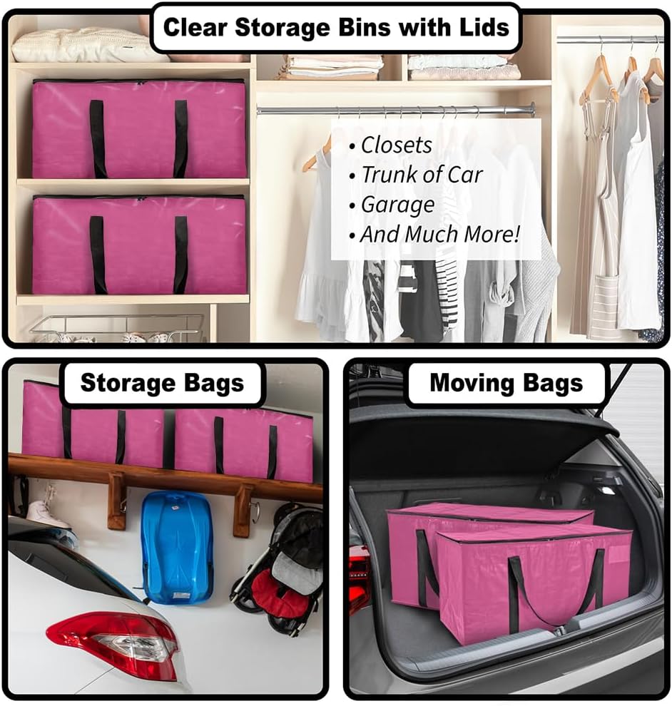 ClearSpace Heavy Duty Moving Bags or Storage Bags – Pink Storage Bins with Lids, Large Moving Boxes with Backpack Straps & Zippers,– Packing Box & Moving Supplies for College Dorm, 8 Pack