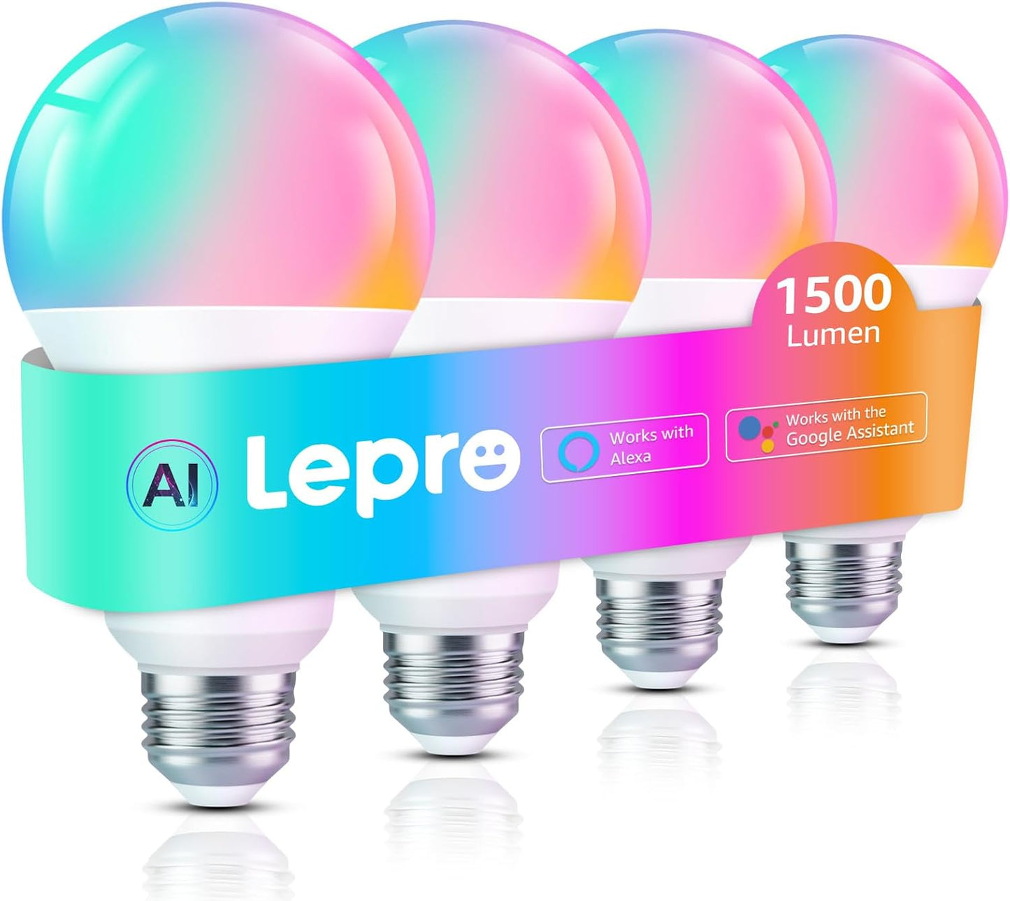 Lepro B3 AI Smart Light Bulbs - 1500LM 100W Equivalent A21 Bulb, WiFi & Bluetooth RGBWW Color Changing, Works with Alexa & Google Assistant, AI Voice Control by App, Music Sync, 2.4GHz Only (4 Pack)