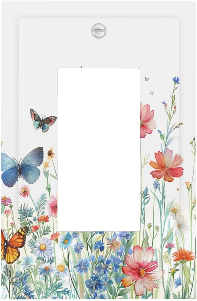Decorative Outlet Covers Rustic Wildflower Blue Pink Floral Butterfly 1 Gang Rocker Light Switch Cover Plate Single Wall Plates for Electrical Outlets Switch Plate Covers for Home Decor