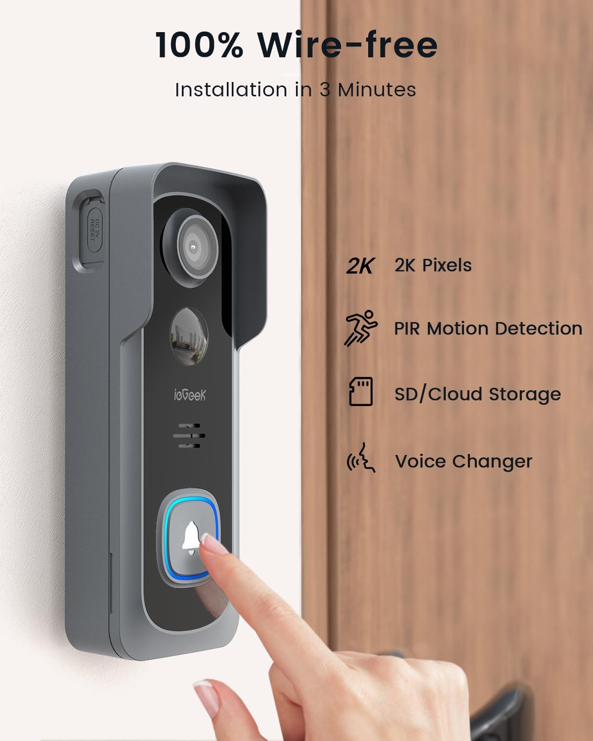 ieGeek Doorbell Camera Wireless No Subscription, 2K 3MP HD View, 2-Way Talk, PIR Motion Detection, Wireless Video Doorbell with Chime, Only Supports 2.4GHz WiFi, Local & Cloud Storage, Grey
