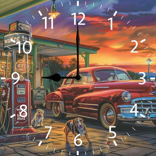 10 in Old Fashioned Gas Station Car -270 Wood Wall Clock – Digital Time Display, Smart Home Compatible for Bedside or Workspace