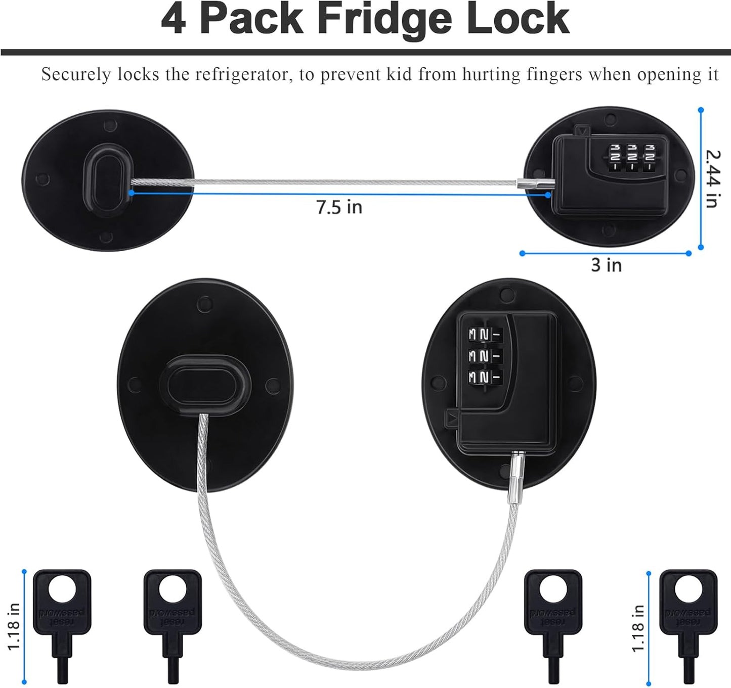 4 Pack Refrigerator Lock Combination, No-Drill Fridge Lock with Password Refrigerator Door Locking Safety Freezer Door (Black)