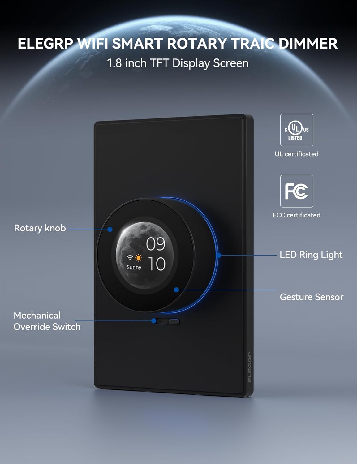 ELEGRP WiFi Smart Rotary Traic Dimmer with 1.8 inch TFT Display Screen, Single Pole, Needs Neutral Wire, 2.4GHz Wi-Fi, Compatible with Alexa and Google Home, No Hub Required, UL Listed, 2 Pack, Black