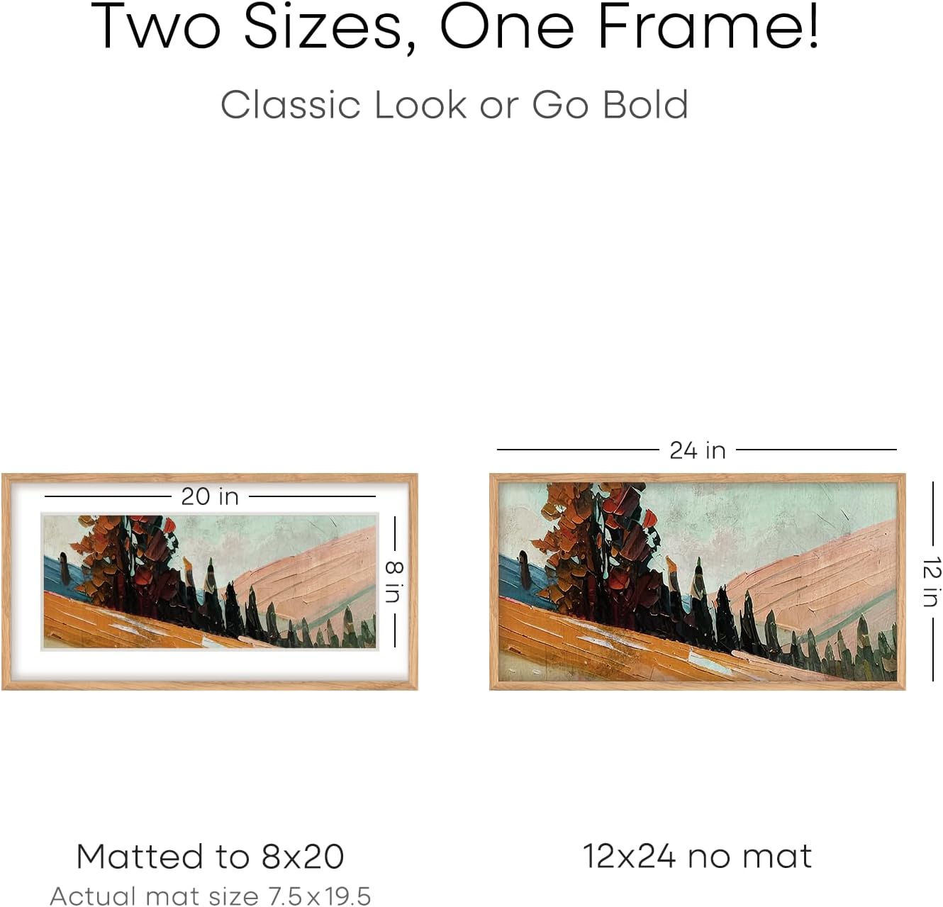 Homeforia 12x24 Wood Frame, High End Natural Oak 12x24 Light Wooden Picture Frame with Mat 8x20, 12 x 24 Poster Frames Matted to 8 by 20 Photo, 24x12 Hanging Frames, Tempered Glass, Wall Kit, Set of 1