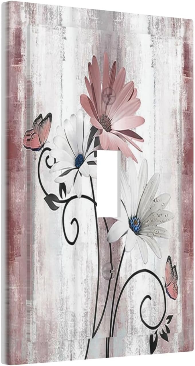 Decorative Light Switch Cover Pink White Daisy Butterfly Wood Grain 1 Gang Single Toggle Device Electrical Faceplate Switchplates Decorator Outlet Wall Plate for Farmhouse Bathroom Decor