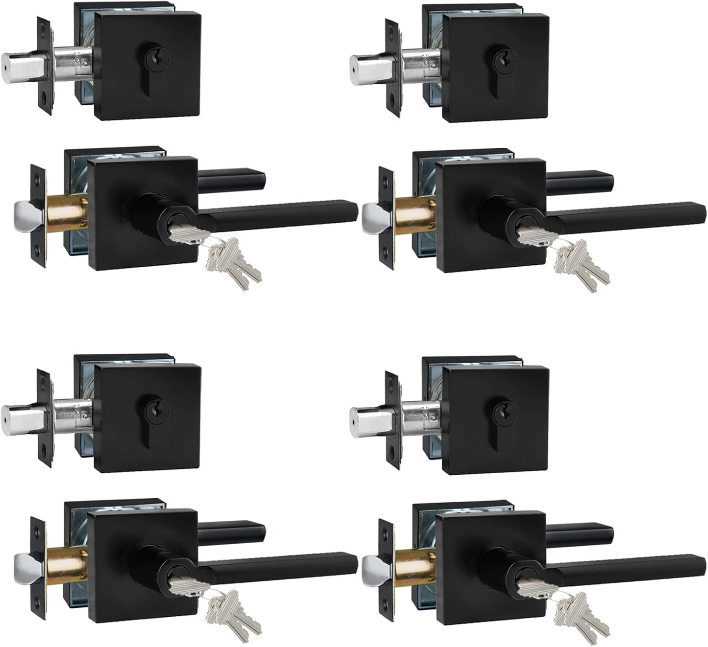Keyed Entry Door Handle with Single Cylinder Deadbolt, Keyed Alike(Same Keys Only Per Set) Front Door/Exterior Door Lever Lockset, Matte Black, 4 Sets of Locks with 4 Sets of Different Keys