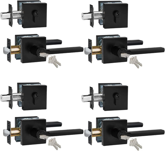 Keyed Entry Door Handle with Single Cylinder Deadbolt, Keyed Alike(Same Keys Only Per Set) Front Door/Exterior Door Lever Lockset, Matte Black, 4 Sets of Locks with 4 Sets of Different Keys