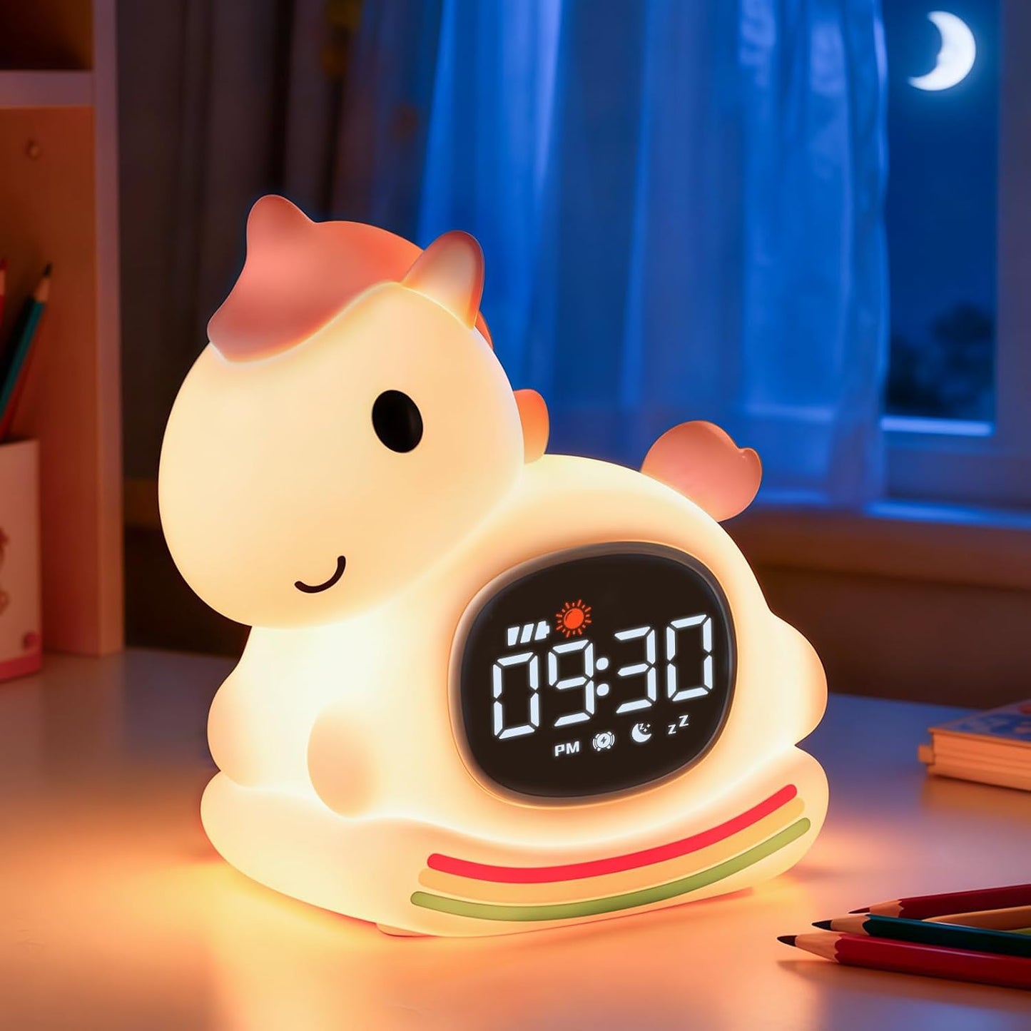 Alarm Clock with Night Light for Kids with Sleep Training and Sound Machine, Rechargeable Silicone Lamp OK to Wake Clock，Cute Animal Tabletop Lamp, Perfect Sleep Companion for Boys Girls,Pink Pony