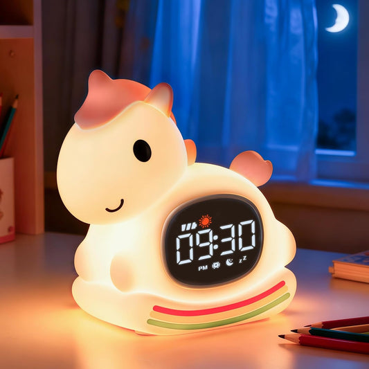 Alarm Clock with Night Light for Kids with Sleep Training and Sound Machine, Rechargeable Silicone Lamp OK to Wake Clock，Cute Animal Tabletop Lamp, Perfect Sleep Companion for Boys Girls,Pink Pony