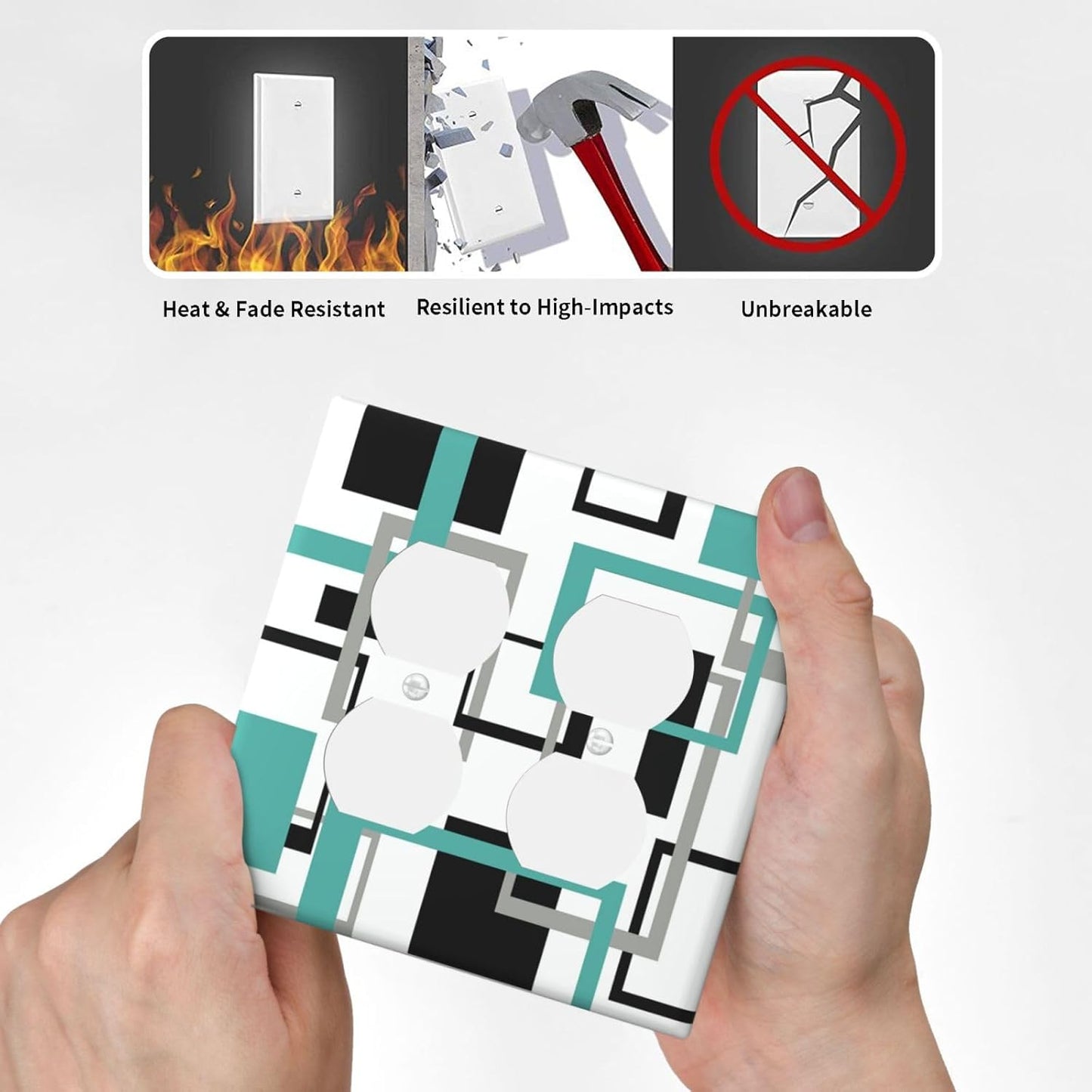Geometric Turquoise Black Gray Modern Abstract Boho Outlet Covers 2 Gang Double Duplex Decorative Light Switch Covers Electrical Wallplates Socket Faceplate for Office Nursery Decor