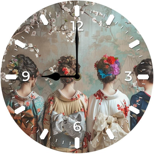 10 in Elegant Kimono Beauties -6 Wood Wall Clock – Digital Time Display, Smart Home Compatible for Bedside or Workspace