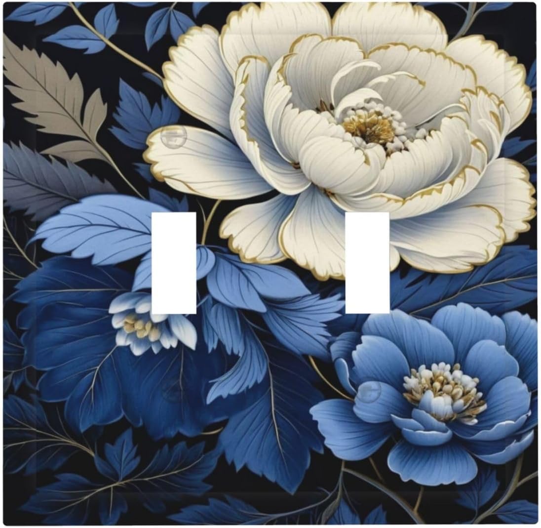 Blue White Flowers Light Switch Covers Double Toggle 2 Gang Wall Plate Dual Decorative Switchplate Electrical Faceplate for Farmhouse Decor