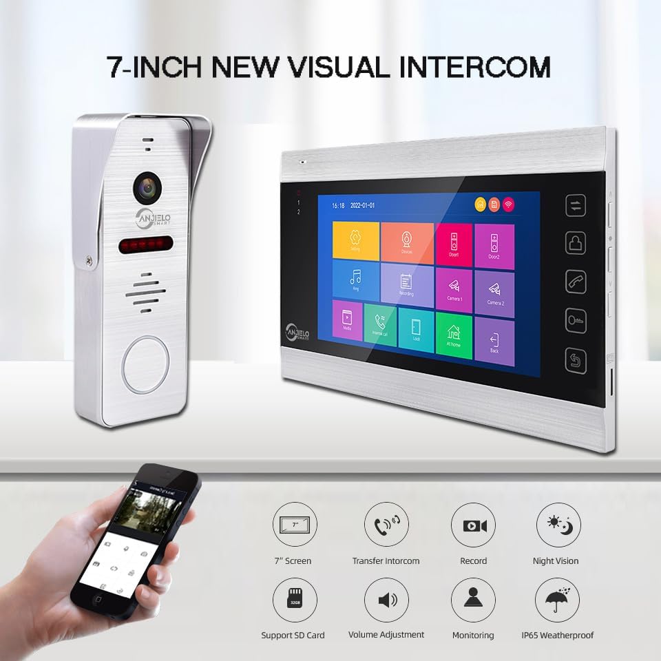 WiFi Video Intercom System with 1080P 160°Wide HD Camera 7 lnch Wired Screen Monitor with Night Vision Motion Detect for Vally Apartment,Tuya (one doorbell,Three Monitor)