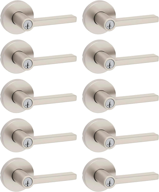 Kwikset Halifax Entry Door Handle with Lock and Key, Secure Keyed Reversible Lever Exterior, For Front Entrance and Bedrooms, Satin Nickel, 10 Pack, Pick Resistant SmartKey Rekey Security and Microban