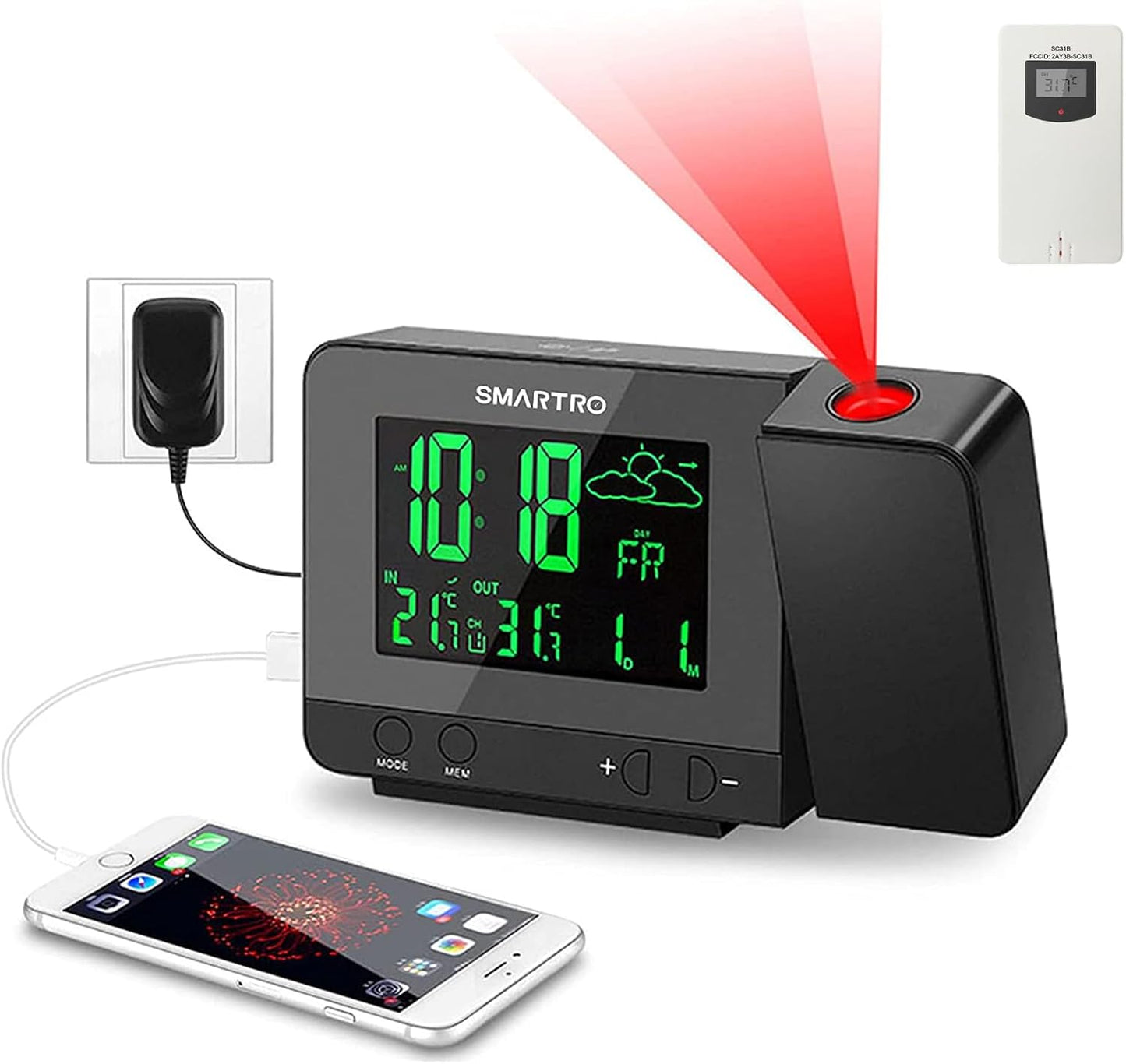 SMARTRO SC31B Digital Projection Alarm Clock with Weather Station, Indoor Outdoor Thermometer for Bedrooms, USB Charger, AC Battery Operated