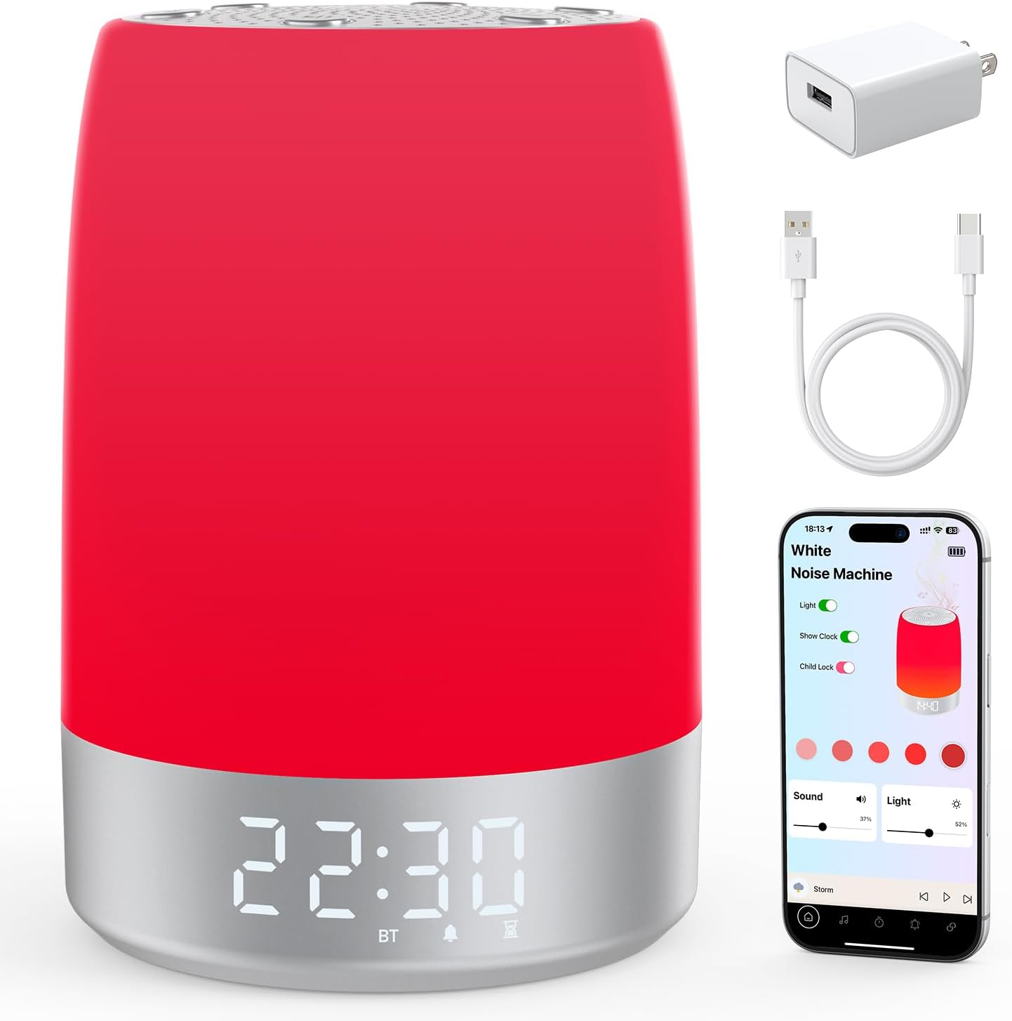 Smart Red Light Therapy Lamp & Sleep Sound Machine for Bedroom with Alarm Clock, Night Light with App Control, 5-Level Red Light (620–690nm), 32 White Noises, Custom Timer, 2600mAh Battery, 7 Alarms
