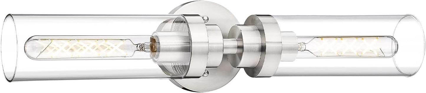 Emak Brushed Nickel Vanity Lights for Bathroom, Modern 22 Inch Bathroom Light Fixtures, 2-Light Cylinder Wall Sconces with Clear Glass Shade for Bathroom, Bedroom, Hallway, VL085-BN-2