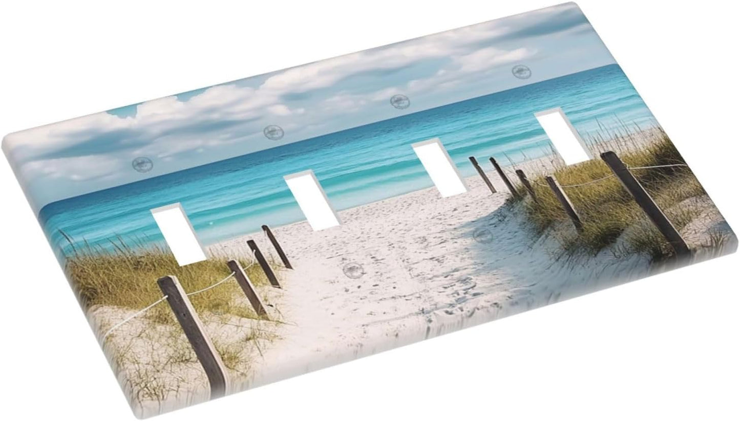 Decorative Light Switch Cover Plate Coastal Beach Ocean Seaside View 4 Gang Wall Plates for Electrical Outlets Quad Toggle Switch Plate Covers Outlet Covers Faceplate for Bedroom Home Decor