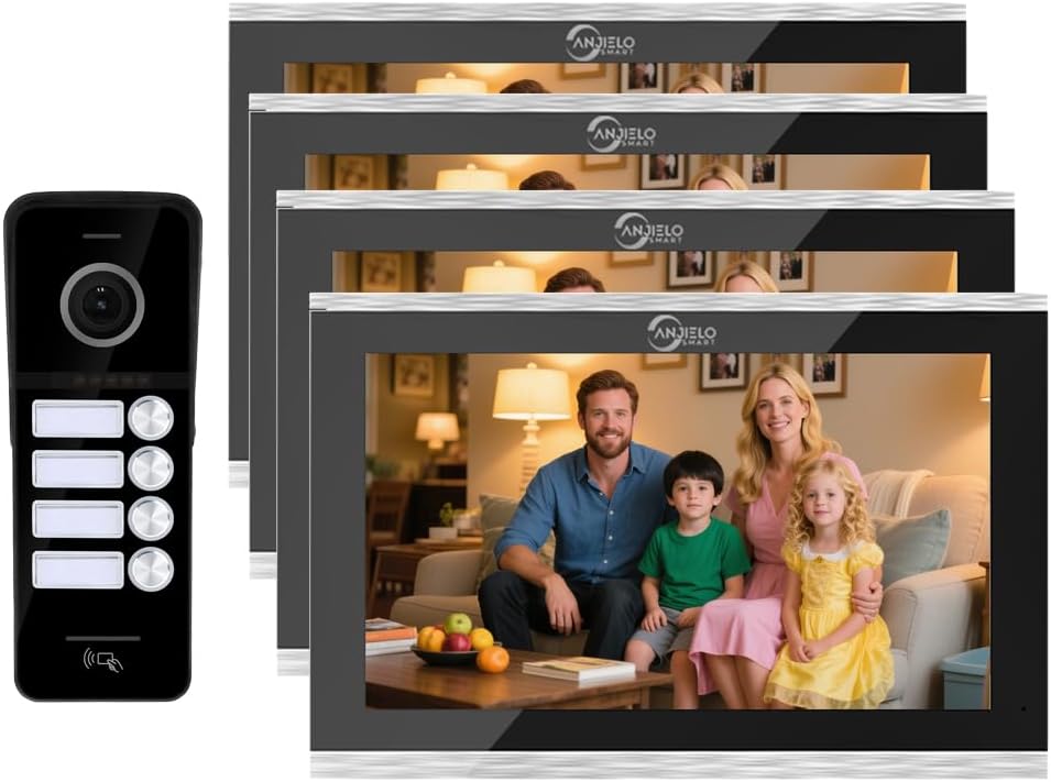 ANJIELO SMART Wired Video Doorbell Apartment Intercom System,4 Family Units 10 Inch Touch Monitor,3 in 1 Unlocking,Dual Way Intercom Motion Detection Tuya for Villa Home (1 Doorbell(b)+ 4 Monitor(s))