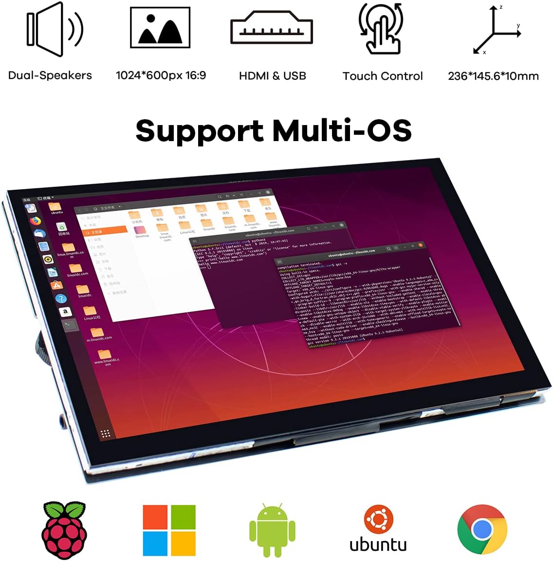 7 Inch IPS LCD Touch Screen Raspberry Pi Monitor Display 1024×600 Capacitive Screen HDMI Monitor Compatible with Raspberry Pi 5/4B/3B+, BB Black, Windows 10 8 7