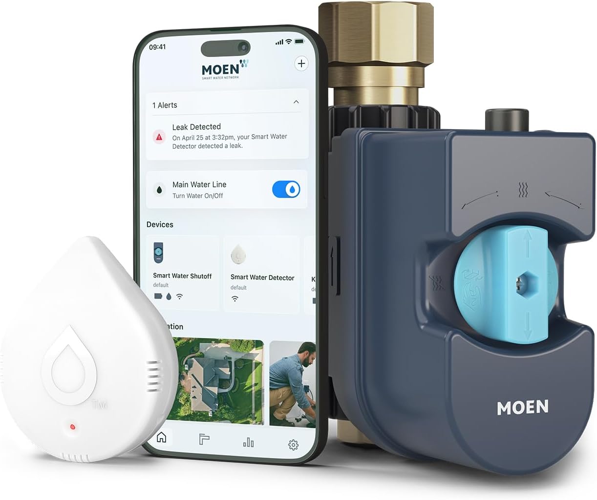 Moen 900-006 Flo by Moen 1-Inch Smart Water Shutoff with 920-004 Flo by Moen Smart Water Detector, 1-Pack