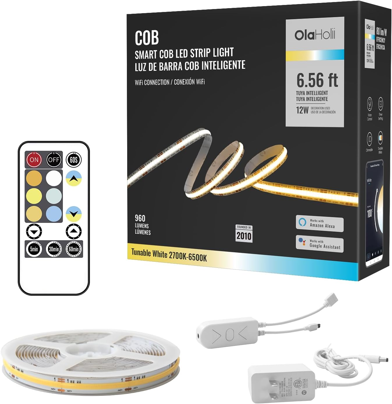 6.56ft Smart COB LED Strip Light, Tunable White 2700K-6500K Dimmable Bright WiFi Led COB Light Strip Compatible with Alexa and Google, White CCT COB Led Light for Kitchen Cabinet, Room