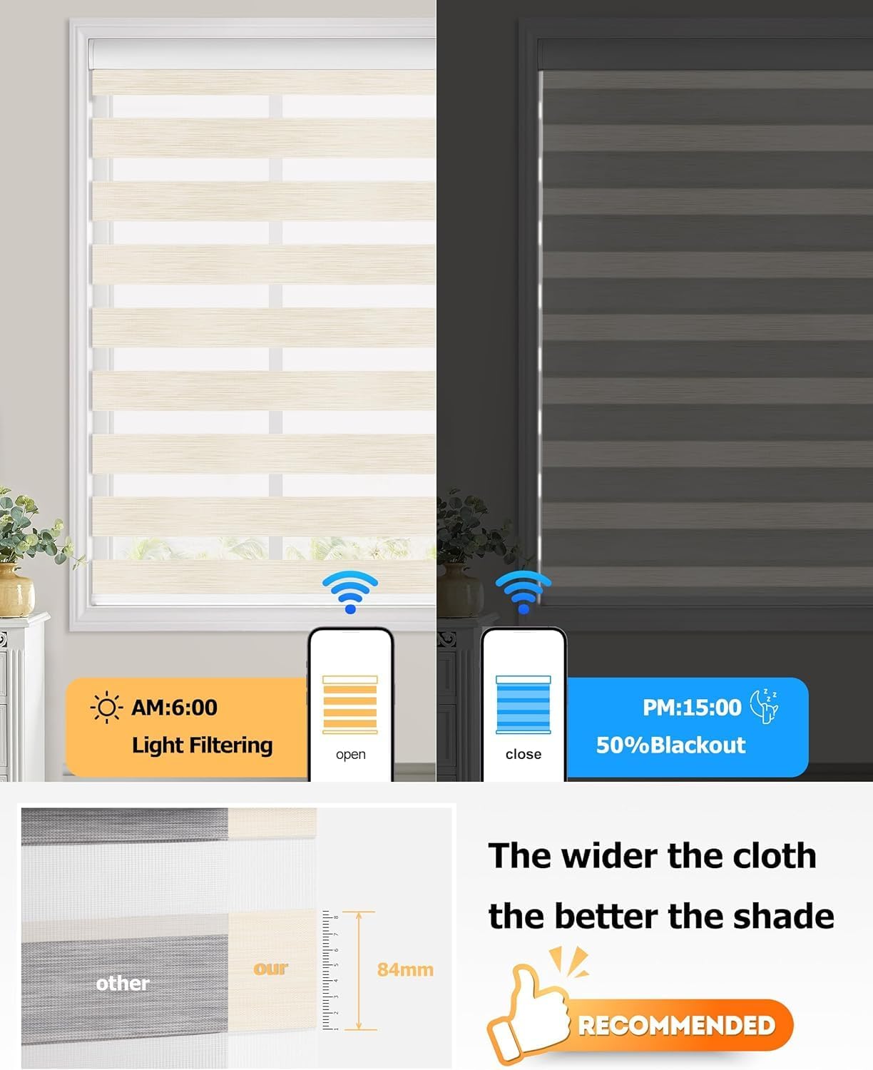 LazBlinds Motorized Zebra Roller Shades, Rechargeable Smart Blinds with Remote Control, Custom Size Light Filtering Dual Layer Roller Sheer Shades, Off-White Linen