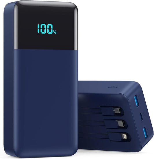 Portable Charger 50800mAh Power Bank with 3 Built in Cables,25W PD QC4.0 Fast Charging USB C Battery Pack,6 Outputs 2 Inputs Travel Essentials Phone Charger for iPhone 17/16/15,Google,Android,Blue