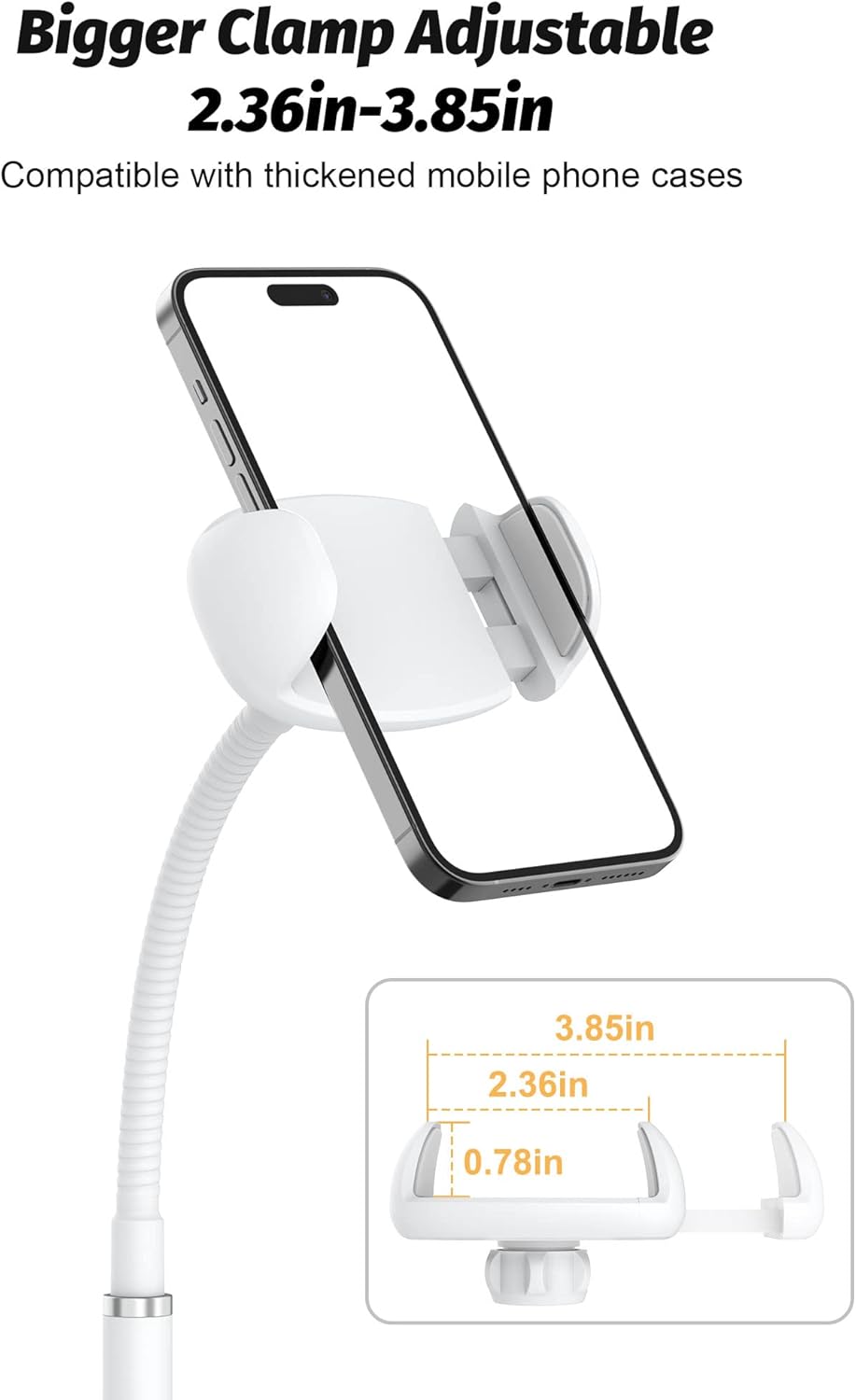 Cell Phone Stand, Adjustable Height & Angle Gooseneck Phone Stand for Desk Flexible Arm Universal Phone Holder, Aluminum Alloy Desktop Phone Stand for Recording Compatible with 3.5"-7" Device (White)