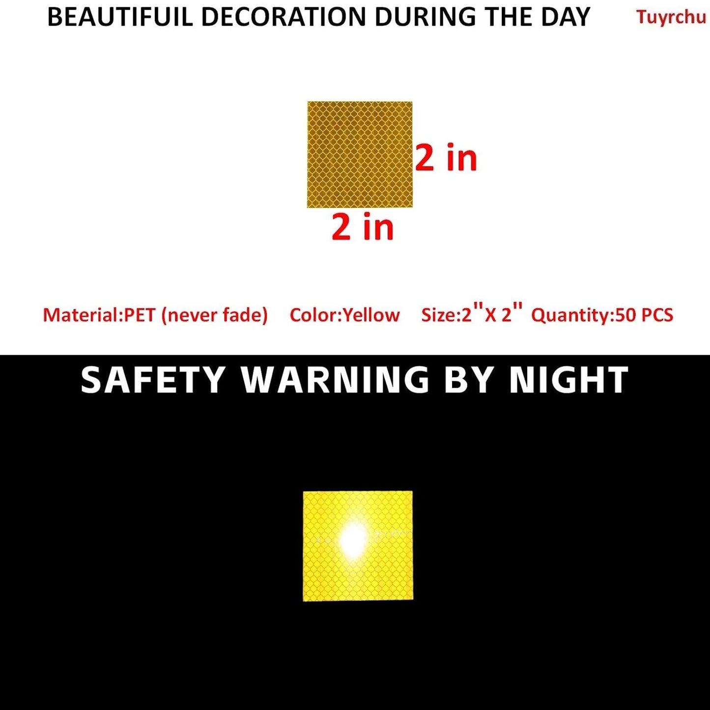 Non Fading Yellow Reflective Stickers 2 inch X 2 inch, Outdoor Waterproof High Visibility Warning Safety Adhesive Reflector Tape (50 Pcs)