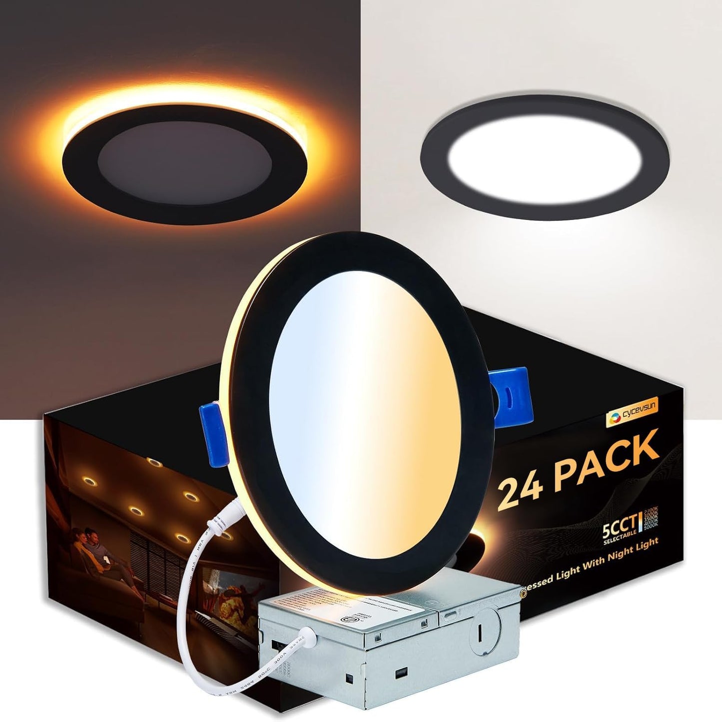 CycevSun 24 Pack Black Recessed Lights 6 Inch with Night Light, Canless Ultra Thin Wafer Downlight Indoor Outdoor Exterior Soffit, Dimmable & 5 Color Selectable, 12W, ETL Listed
