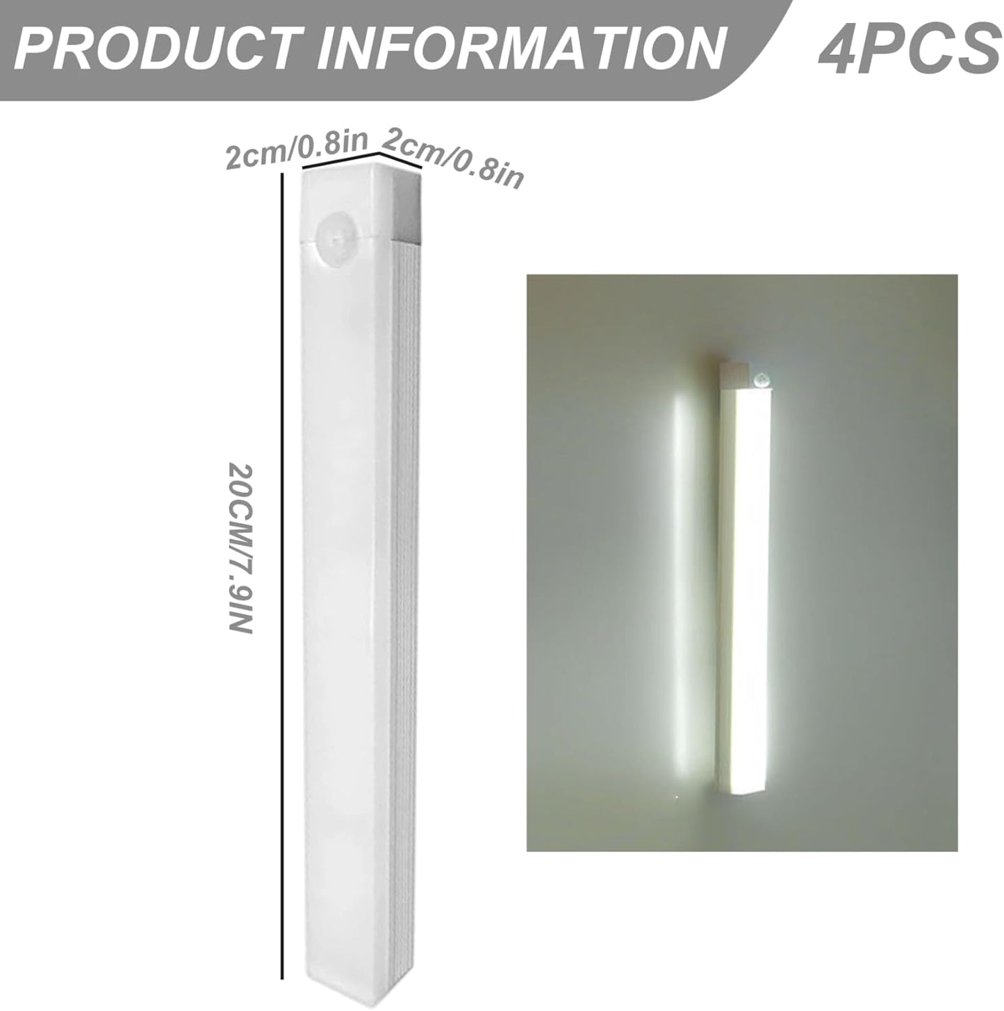 Under Cabinet Lighting 4Pcs LED Dimmable Magnetic Motion Sensor Light Indoor 8 Inch Rechargeable Portable Cordless Lamp for Kitchen Stairs Bedroom RV Dorm