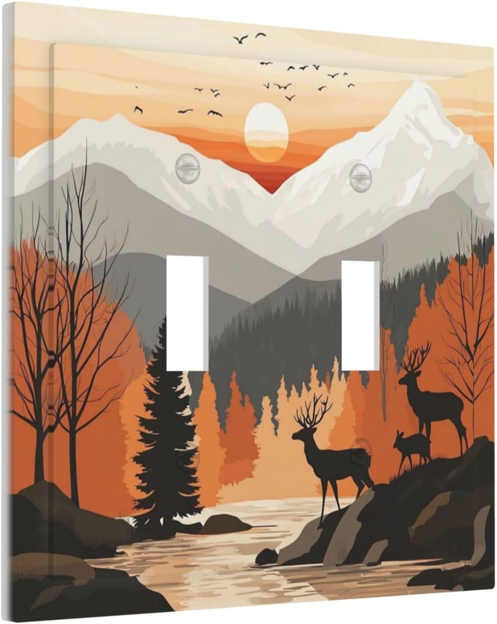Sun Forest Deer Snow Mountain River Decorative Switch Plates 2 Gang Double Toggle Outlet Light Switch Cover Wall Plate Electrical Faceplate For Bed Room Living Room Decor
