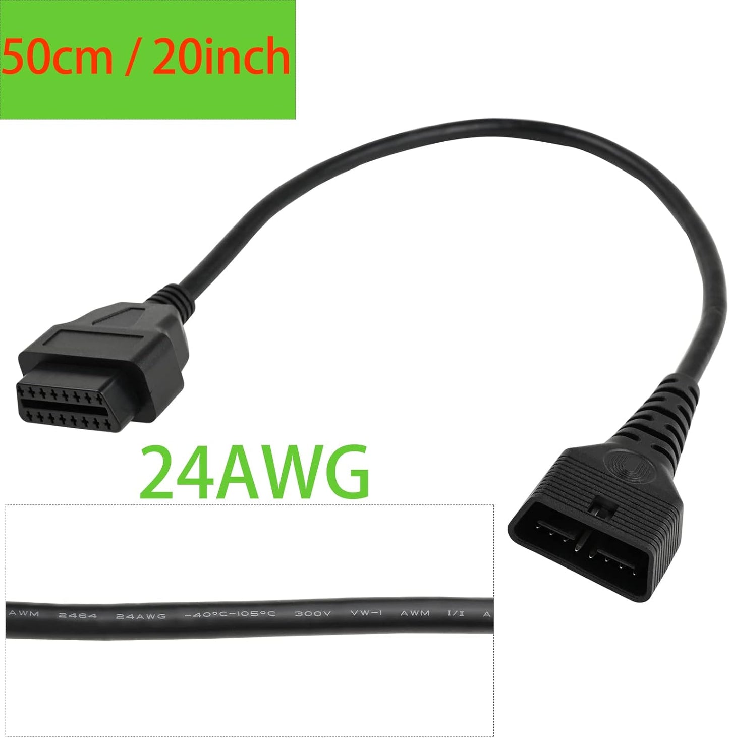 iKKEGOL Full 16 Pin OBD2 OBD II Male to Female Extension Cable Cord Diagnostic Tool Adapter for Auto Car Vehicle Truck 24V All OBD2 Port Plug Connector 24AWG (50CM/20INCH)