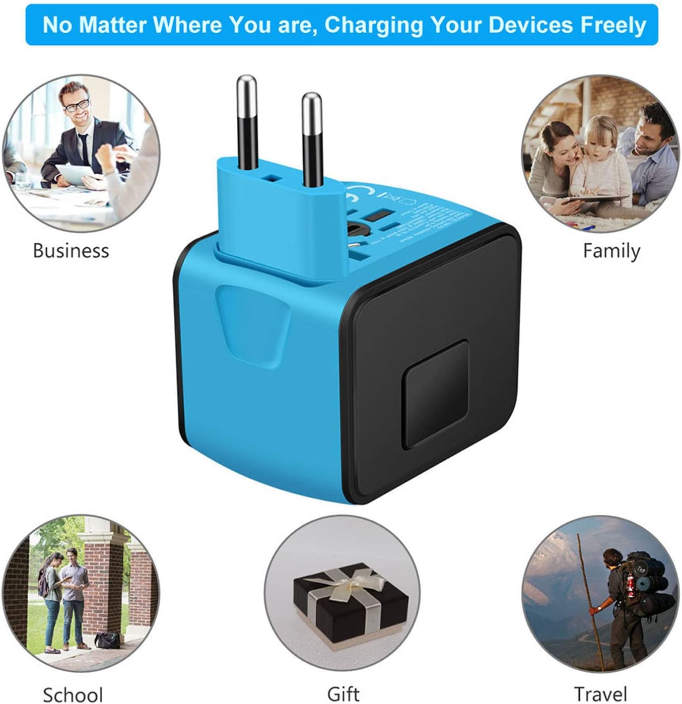 Universal International Travel Power Adapter W/Smart High Speed 2.4A 4xUSB Wall Charger, European Travel Plug Adapter, Worldwide AC Outlet for Europe, UK, US, AU, Asia-Blue