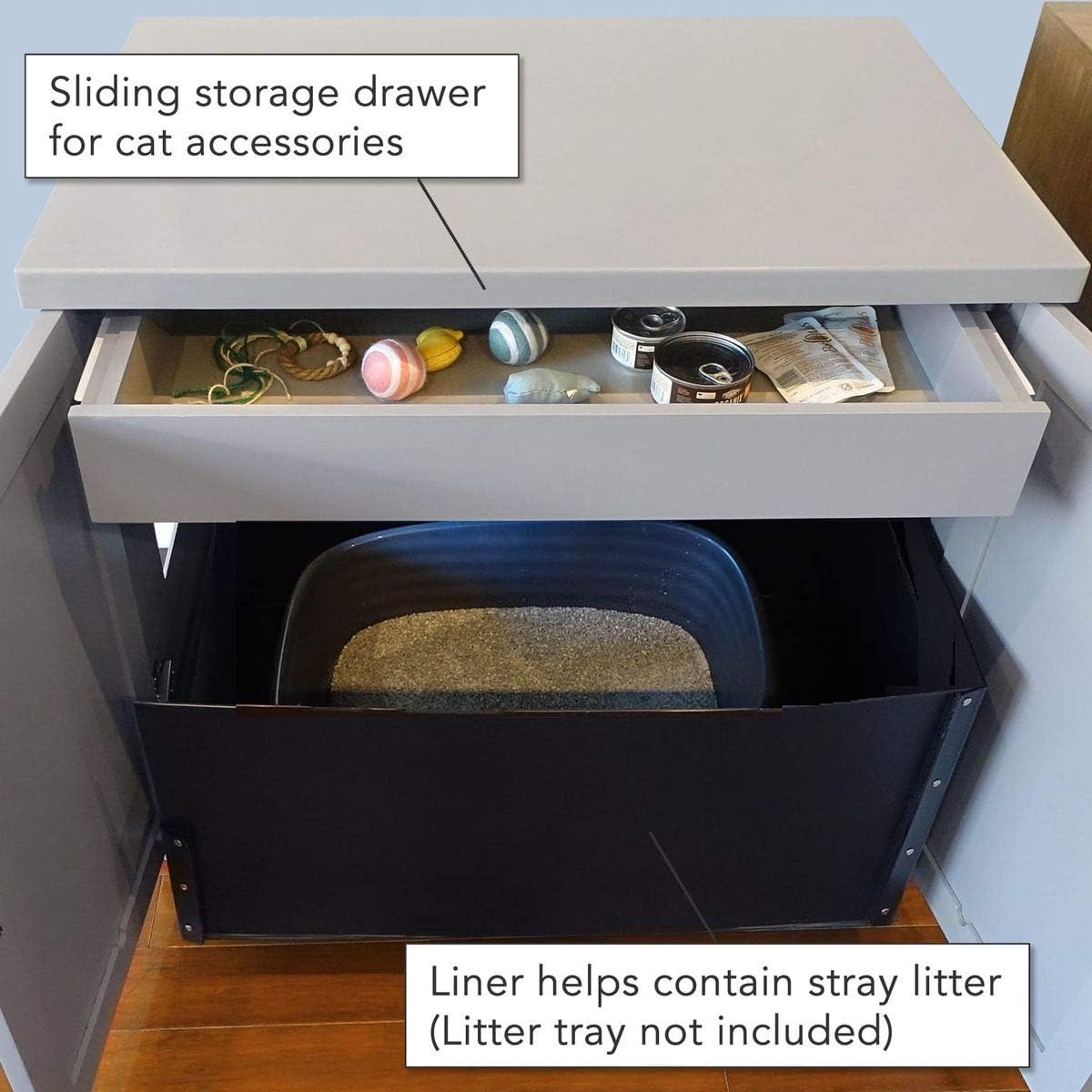 THE REFINED FELINE Cat Litter Box Enclosure Cabinet, Farmhouse, Smoke Gray, Adjustable Levelers, Large, Hidden Litter Cat Furniture with Drawer