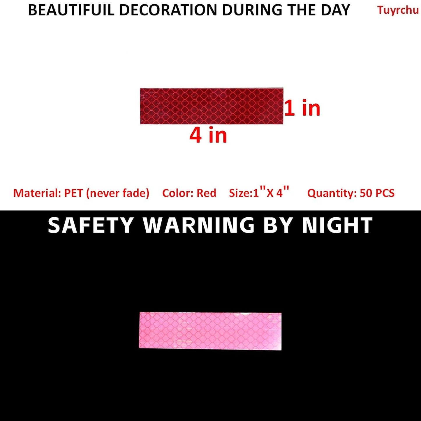 Non Fading Red Reflective Stickers 1 inch X 4 inch, Outdoor Waterproof High Visibility Warning Safety Adhesive Reflector Tape (50 Pcs)