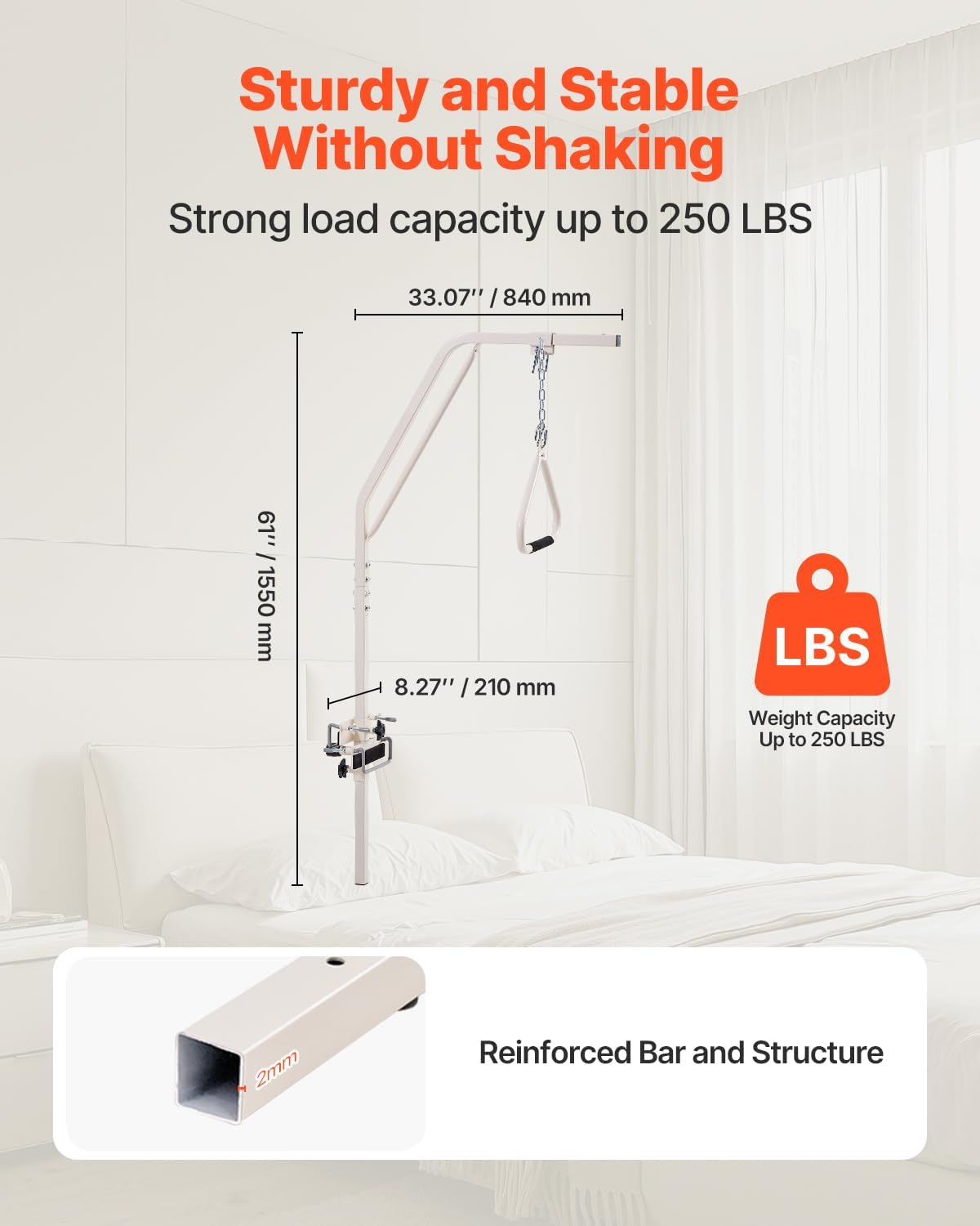 VEVOR Trapeze Bar for Bed Mobility, Medical Bed Trapeze with Clamps & Metal Chain, 250LBS Weight Capacity Beds Pull Up Assist for Elderly & Disabled, Ideal for Home Care, Hospitals, Nursing Homes