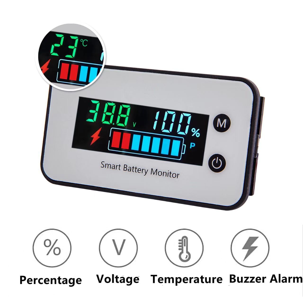 Upgrade IPX7 Waterproof Battery Tester, 7-100v Marine RV Golf Cart Battery Capacity Volt Monitor 12v 24v 36v 48v 60v 72v, Lead-Acid, Lithium Battery Monitor with Temp and Low Voltage Buzzer Alarm