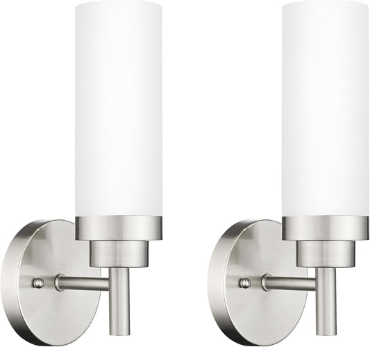 Emak Brushed Nickel Sconces Wall Lighting, Modern Vanity Lights with Milk Glass Shade, Wall Sconce for Bathroom, Bedroom, Living Room, Hallway, WS085-BN-ML-2PK
