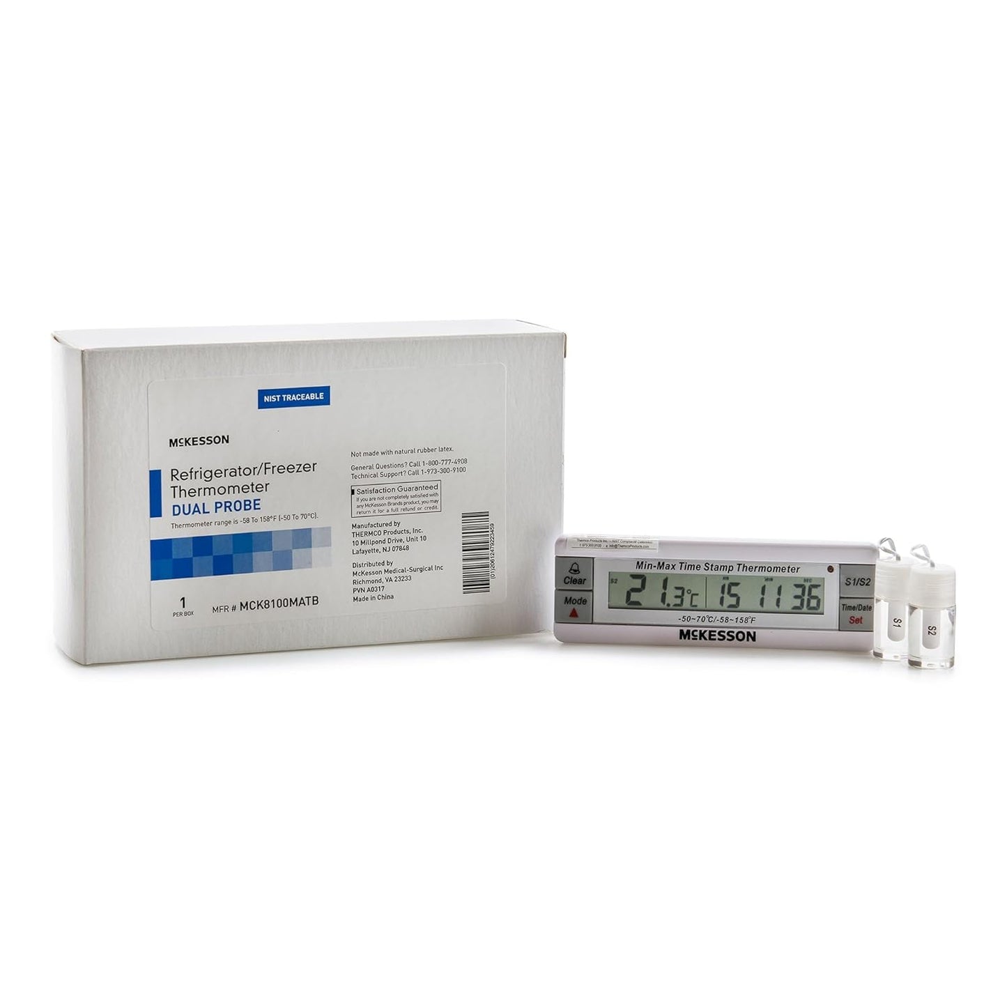 McKesson Refrigerator and Freezer Thermometer with Alarm, Dual-Probe - Waterproof Digital Display Max/Min Temperatures, 1 Count
