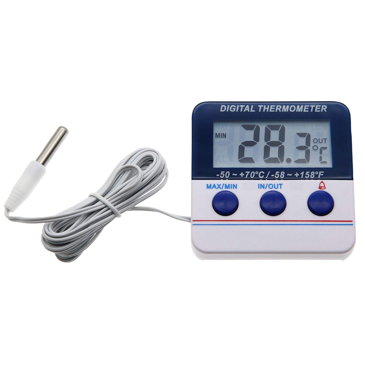 Fridge Thermometer Freezer Thermometer Digital Refrigerator Thermometer with Magnetic Attachment in-Outdoor Alarm Thermometer with Waterproof Outdoor Sensor for Home Kitchen (Model AMT-105)