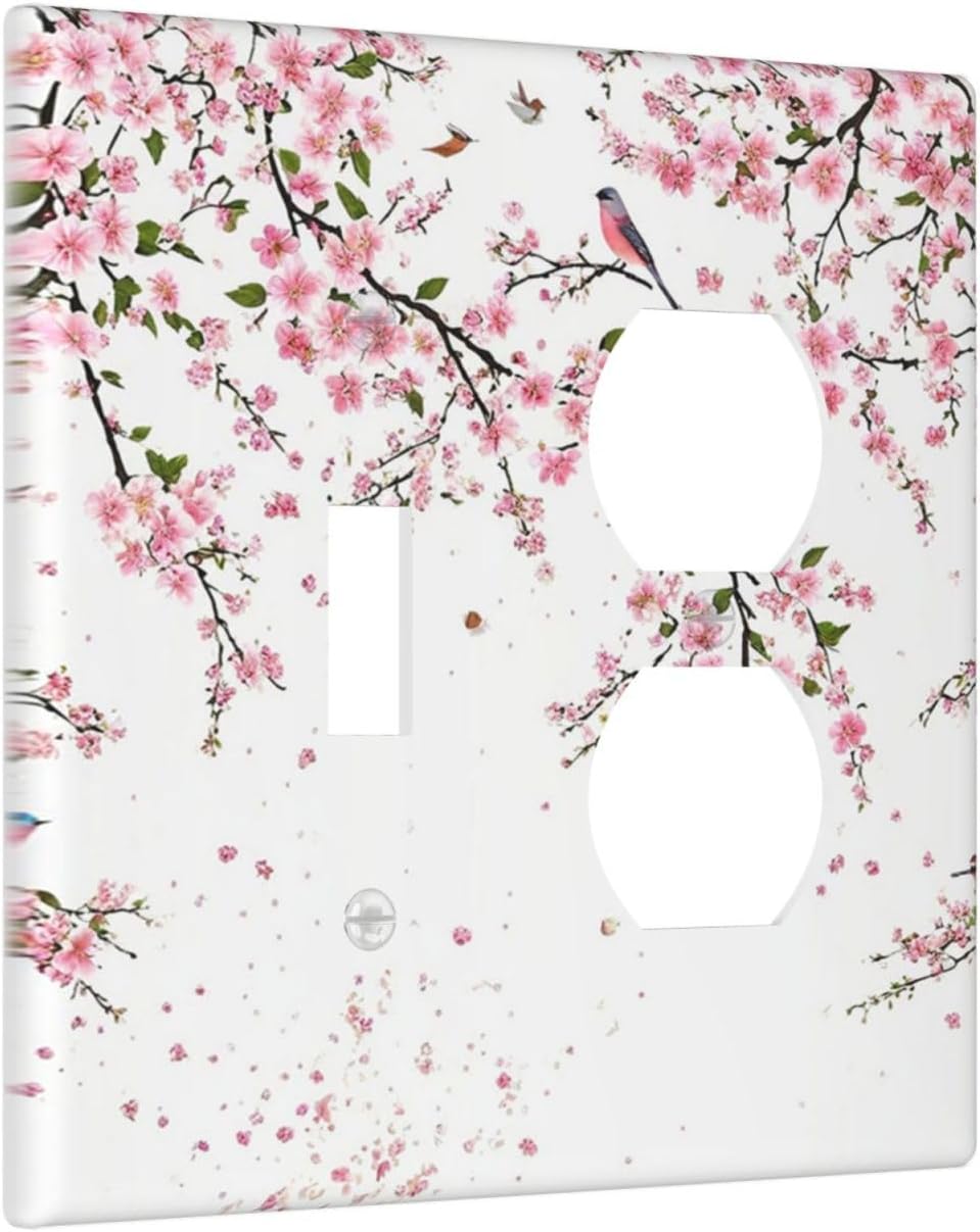 Decorative Outlet Covers Rustic Plum Blossom Pink Flowers 2 Gang Wall Plate Single Toggle Duplex Light Switch Cover Switch Plate Covers Faceplate for Home Bedroom Decor