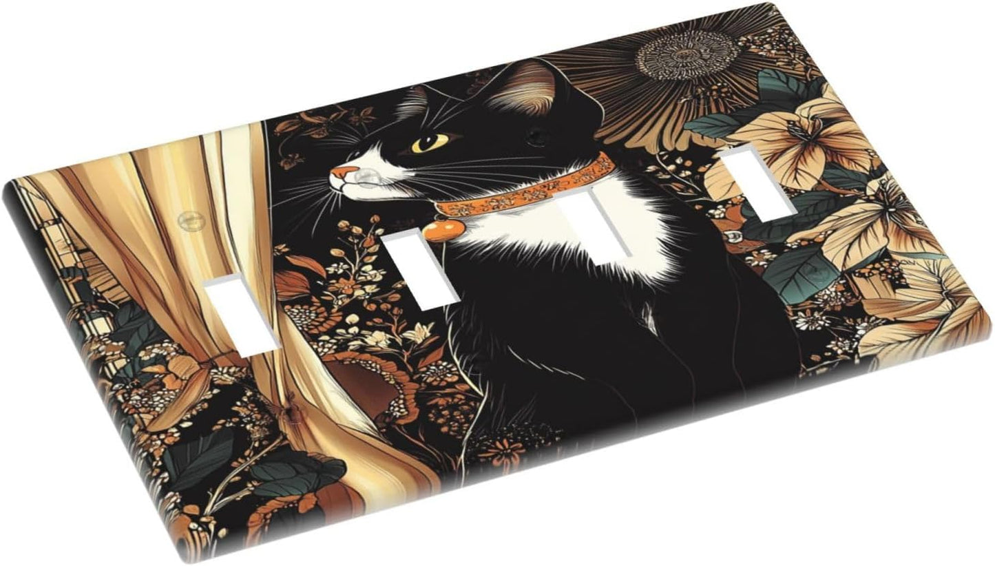 Light Switch Covers Boho Mandala Floral Black Cat Vintage Flower Quad Toggle Electrical Faceplate 4 Gang Wall Plate Decorative Switch Plates For Farmhouse Home Decor