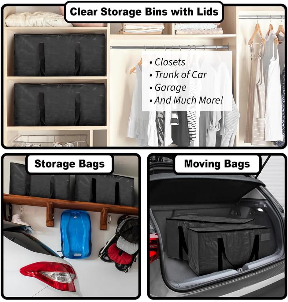 ClearSpace Heavy Duty Moving Bags or Storage Bags – Black Storage Bins with Lids, Large Moving Boxes with Backpack Straps & Zippers,– Packing Box & Moving Supplies for College Dorm, 6 Pack