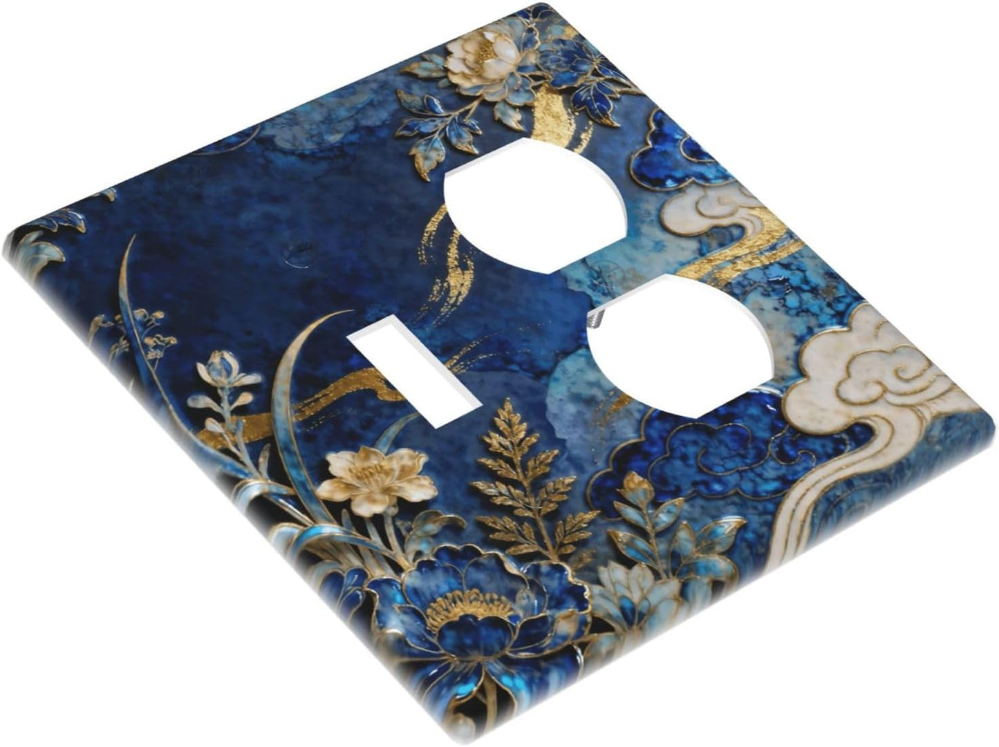 Decorative Outlet Covers Blue White Flower Gold Line Cloud 2 Gang Light Switch Cover Plate Single Toggle Duplex Wall Plates for Electrical Outlets Switch Plate Covers for Home Decor