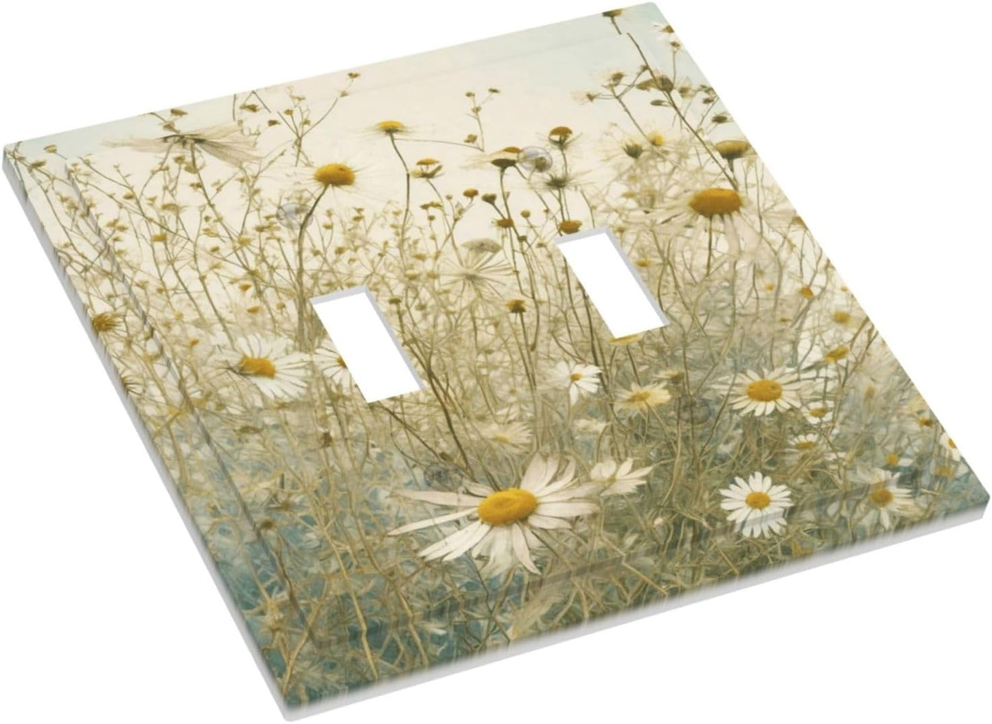 White Wildflowers Daisy Vintage Floral Decorative Switch Plates 2 Gang Double Toggle Outlet Light Switch Cover Wall Plate Electrical Faceplate for Bed Room Living Room Decor