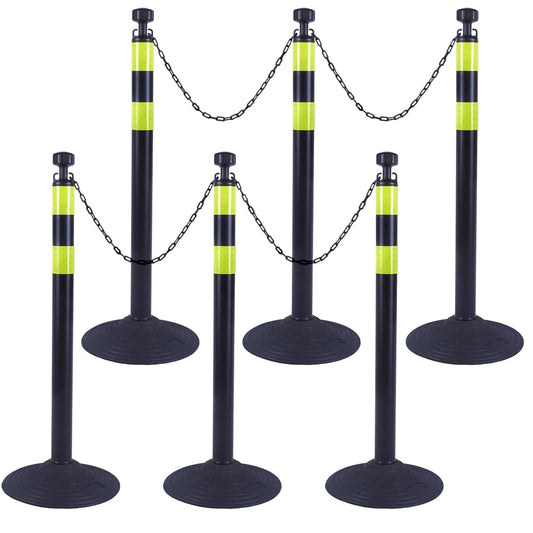 6 Pack 39 Inch Black Traffic Delineator Posts with 2 Green Reflective Stripes, Safety Posts Cones with 6.6 Feet Chains and 14 Inch Rubber Base for Road Safety,Parking Lot (Black)