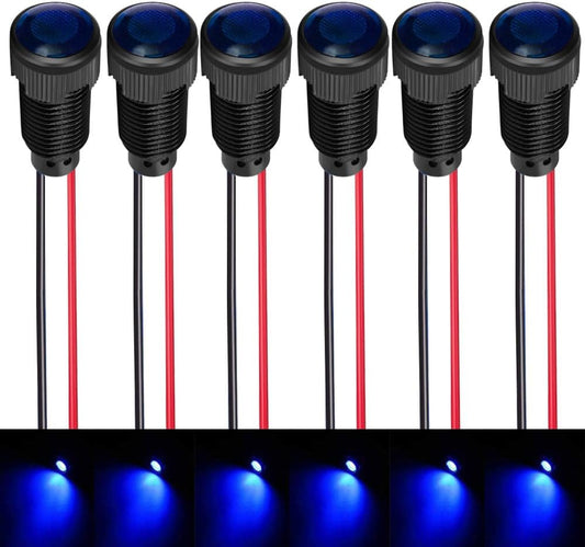 6pcs Blue LED Indicator Pilot Light Mounting Hole Size 10mm AC/DC 12-24V(Flame Retardant Plastic Shell)