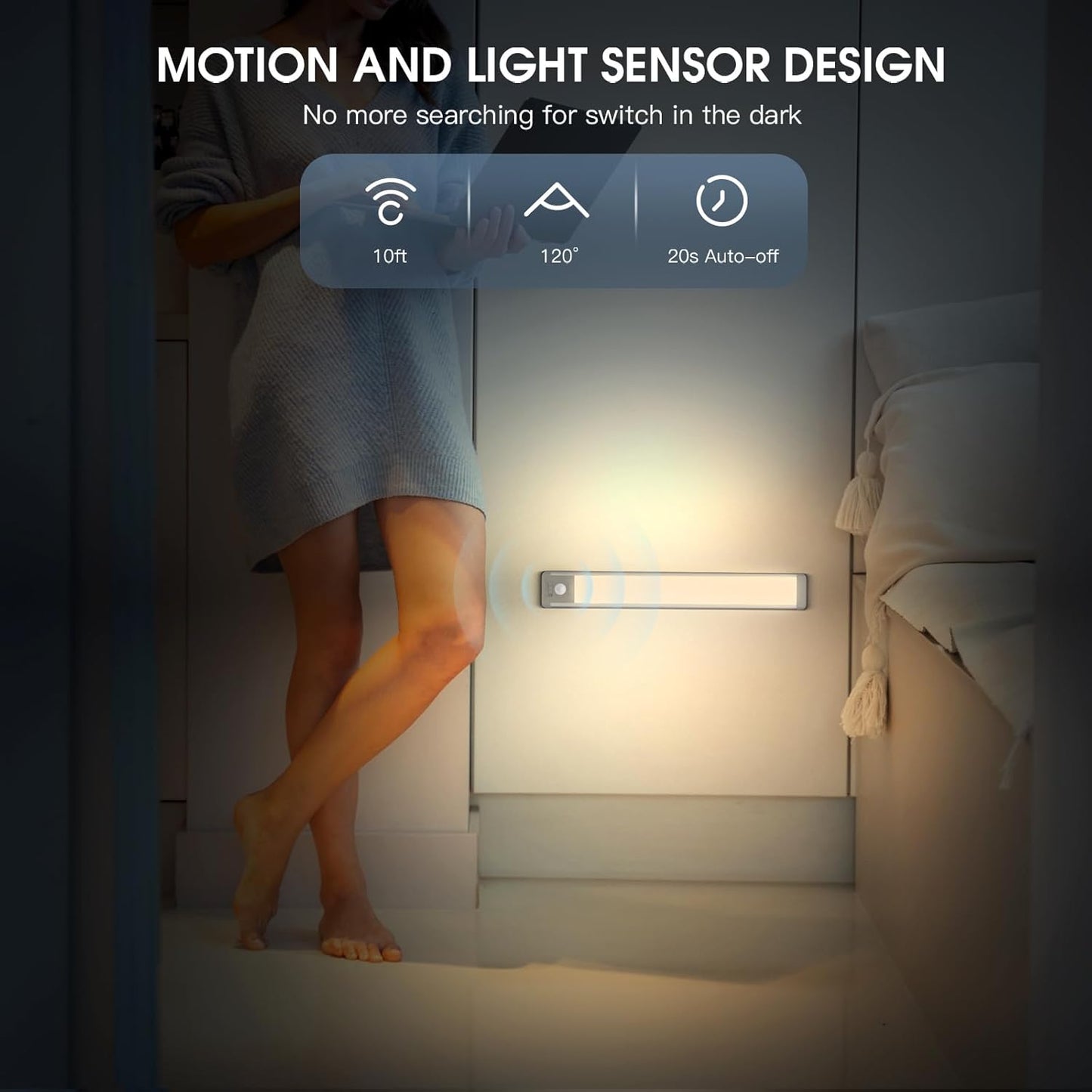 10inch Under Cabinet Lighting, 2 Pack Rechargeable Motion Sensor Light Indoor, 5 Levels Dimmable Magnetic Closet Lights, Wireless Under Counter Lights for Kitchen, Stairs